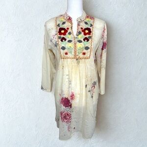 Vintage Goa Floral Embroidered Cream Cotton Tunic Women Large - NWT